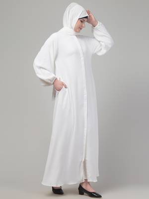 White plain abaya with placket elastic sleeve and hijab 4