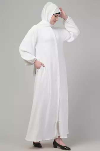 White plain abaya with placket elastic sleeve and hijab