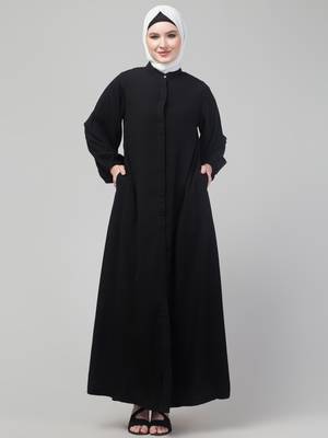 Black plain abaya with placket elastic sleeve and hijab 1