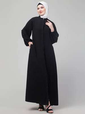 Black plain abaya with placket elastic sleeve and hijab 3