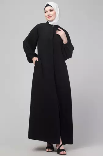 Black plain abaya with placket elastic sleeve and hijab