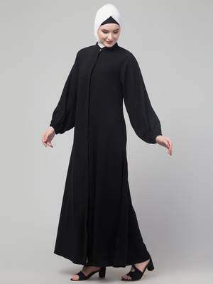 Black plain abaya with placket elastic sleeve and hijab 4