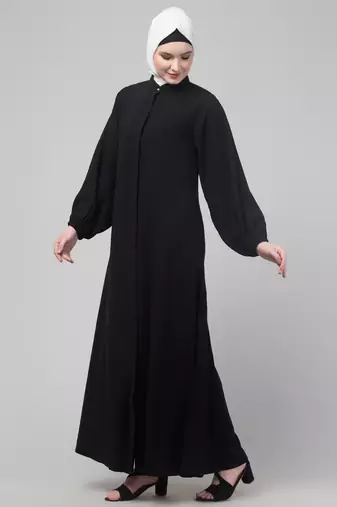 Black plain abaya with placket elastic sleeve and hijab