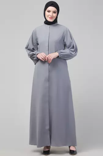 Modest Gray Nida A-Line Abaya with Balloon Sleeves