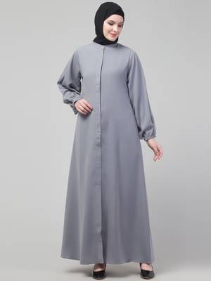 Modest Gray Nida A-Line Abaya with Balloon Sleeves 1