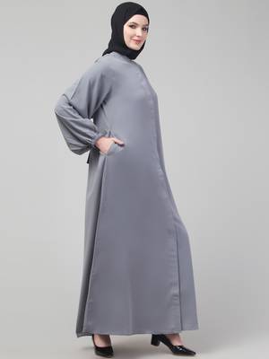 Modest Gray Nida A-Line Abaya with Balloon Sleeves 4