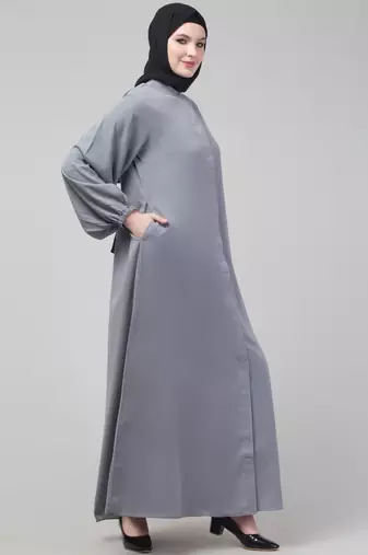 Modest Gray Nida A-Line Abaya with Balloon Sleeves
