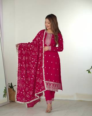 NEW BEAUTIFUL PURE BLLOOMING VICHITRA SILK FABRIC STRAIGHT FIT KURTA WITH DUPPTA SET,TROUSERS,READY TO WEAR 1