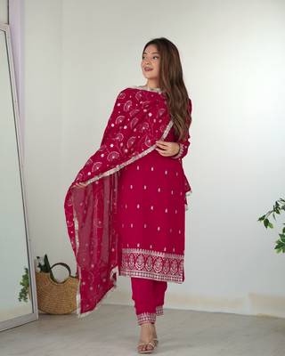 NEW BEAUTIFUL PURE BLLOOMING VICHITRA SILK FABRIC STRAIGHT FIT KURTA WITH DUPPTA SET,TROUSERS,READY TO WEAR 2