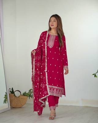 NEW BEAUTIFUL PURE BLLOOMING VICHITRA SILK FABRIC STRAIGHT FIT KURTA WITH DUPPTA SET,TROUSERS,READY TO WEAR 3