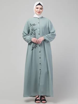 Thread embroidery abaya with placket elastic sleeve and hijab 1