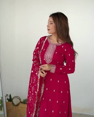 NEW BEAUTIFUL PURE BLLOOMING VICHITRA SILK FABRIC STRAIGHT FIT KURTA WITH DUPPTA SET,TROUSERS,READY TO WEAR 5