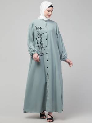 Thread embroidery abaya with placket elastic sleeve and hijab 3