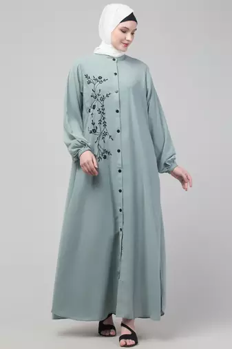 Thread embroidery abaya with placket elastic sleeve and hijab