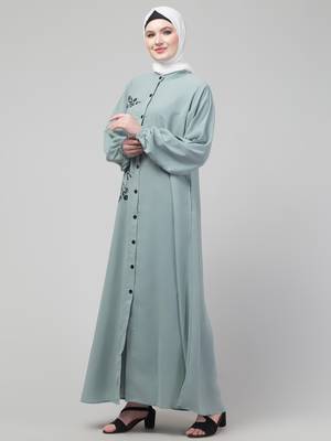 Thread embroidery abaya with placket elastic sleeve and hijab 4