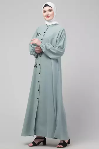 Thread embroidery abaya with placket elastic sleeve and hijab