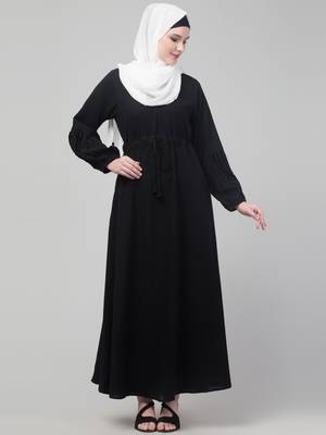 Black adjustable waist pleated sleeve abaya with hijab 1