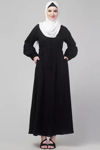 Black adjustable waist pleated sleeve abaya with hijab
