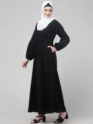 Black adjustable waist pleated sleeve abaya with hijab 4