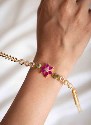 American Diamond Bracelet with Red Stone Floral Pendant 1