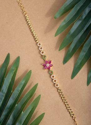 American Diamond Bracelet with Red Stone Floral Pendant 2