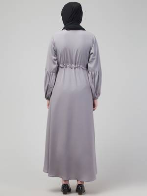 Light Grey Adjustable waist pleated sleeve abaya with hijab 2