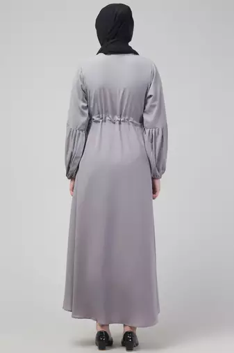 Light Grey Adjustable waist pleated sleeve abaya with hijab