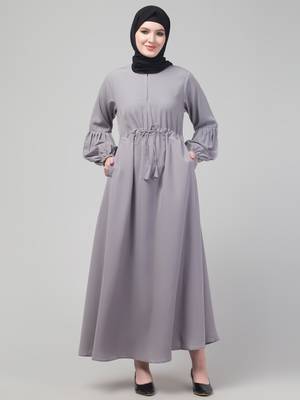 Light Grey Adjustable waist pleated sleeve abaya with hijab 1