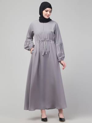 Light Grey Adjustable waist pleated sleeve abaya with hijab 3