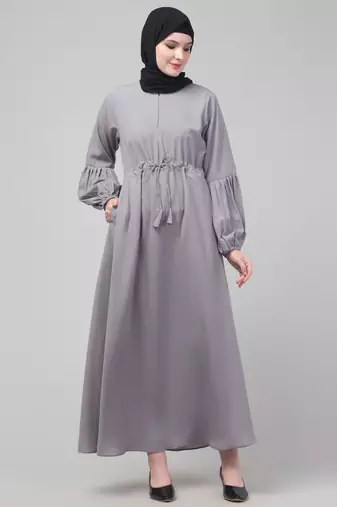 Light Grey Adjustable waist pleated sleeve abaya with hijab