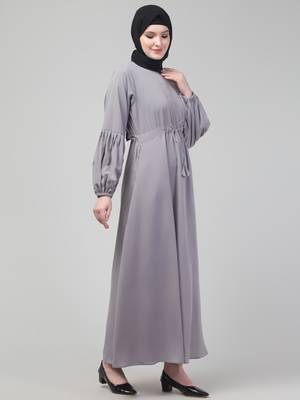 Light Grey Adjustable waist pleated sleeve abaya with hijab 4