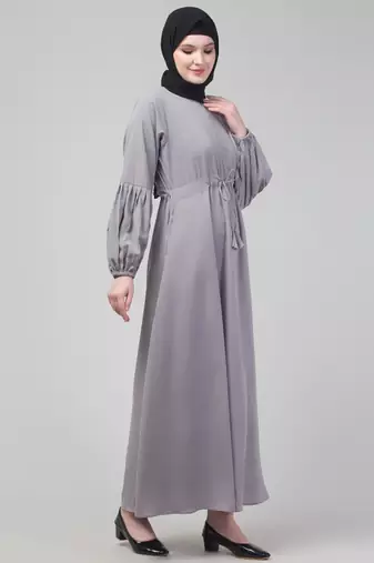 Light Grey Adjustable waist pleated sleeve abaya with hijab