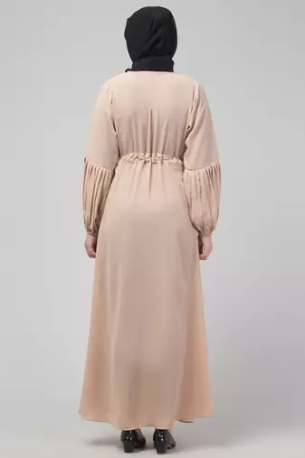 Beige adjustable waist pleated sleeve abaya with hijab