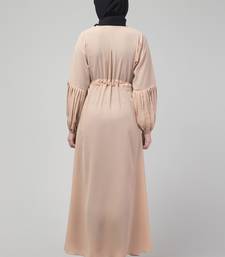 Beige adjustable waist pleated sleeve abaya with hijab