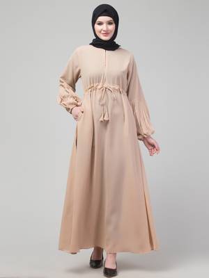 Beige adjustable waist pleated sleeve abaya with hijab 1