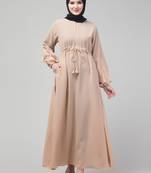 Beige adjustable waist pleated sleeve abaya with hijab