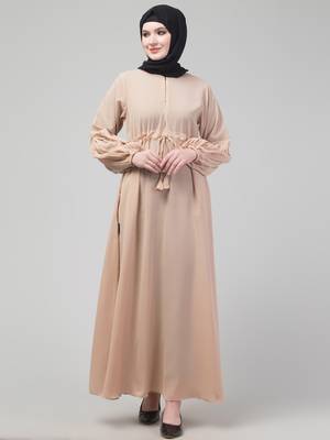Beige adjustable waist pleated sleeve abaya with hijab 3