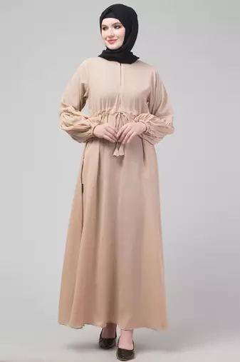 Beige adjustable waist pleated sleeve abaya with hijab