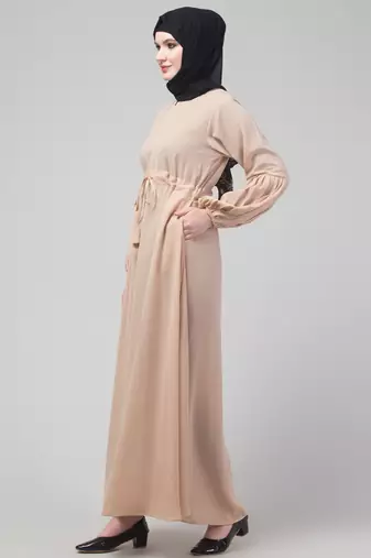 Beige adjustable waist pleated sleeve abaya with hijab