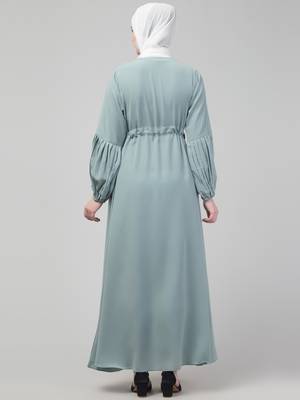 Sage Adjustable waist pleated sleeve abaya with hijab 2
