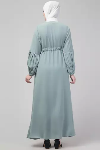 Sage Adjustable waist pleated sleeve abaya with hijab