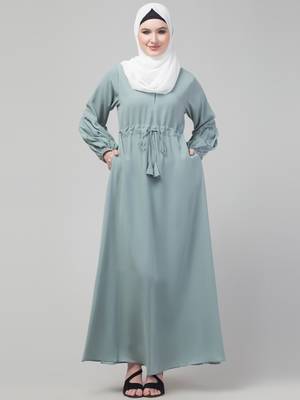 Sage Adjustable waist pleated sleeve abaya with hijab 1