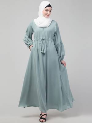 Sage Adjustable waist pleated sleeve abaya with hijab 3