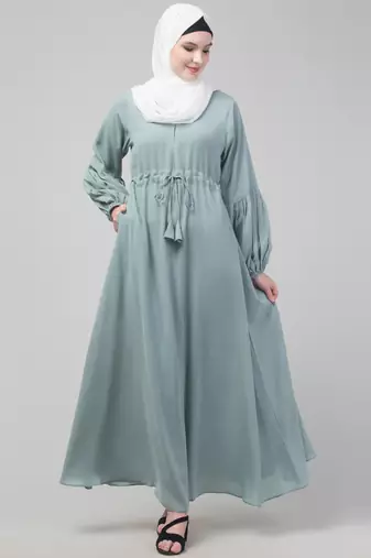 Sage Adjustable waist pleated sleeve abaya with hijab