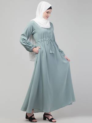 Sage Adjustable waist pleated sleeve abaya with hijab 4