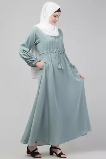 Sage Adjustable waist pleated sleeve abaya with hijab