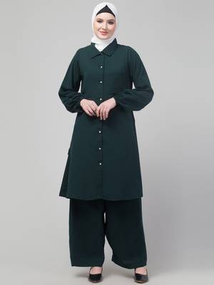 Green Matt nida elastic sleeves abaya cordset with hijab 1