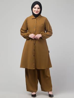 Mustard Matt nida elastic sleeves abaya cordset with hijab 1