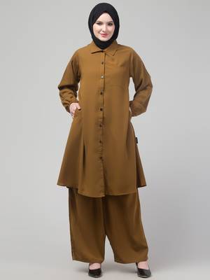 Mustard Matt nida elastic sleeves abaya cordset with hijab 3