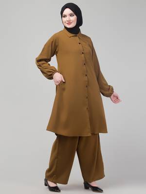 Mustard Matt nida elastic sleeves abaya cordset with hijab 4